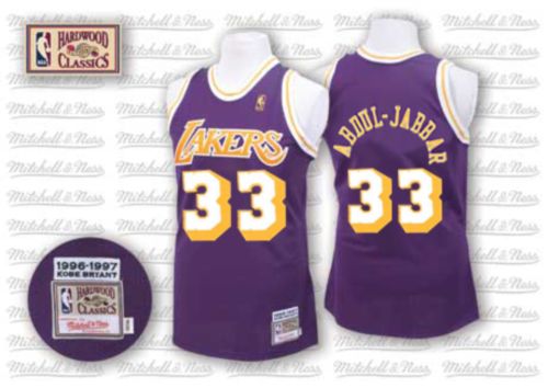 Mens Mitchell and Ness Los Angeles Lakers 33 Kareem Abdul-Jabbar Authentic Purple Throwback NBA Jersey